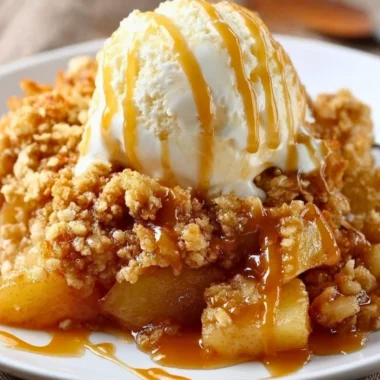 Homemade baked apple crumble with a golden, crispy topping and fresh apple filling.