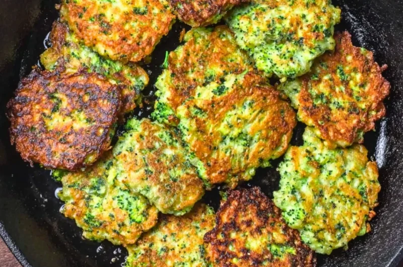 Crispy homemade broccoli fritters on a plate garnished with herbs