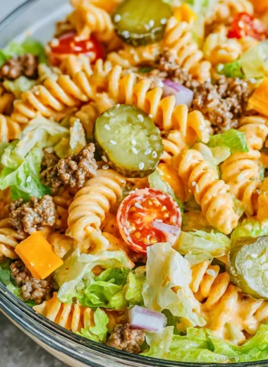 Big Mac Pasta Salad with ingredients resembling the classic burger flavor