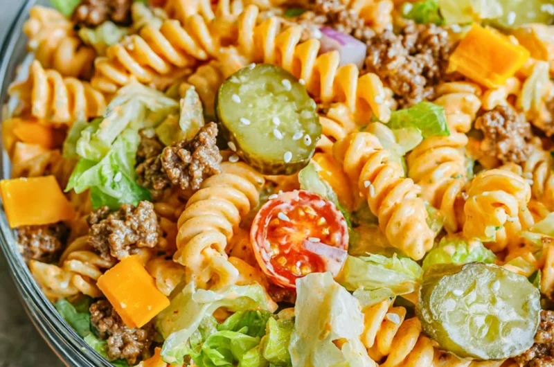 Big Mac Pasta Salad with ingredients resembling the classic burger flavor