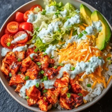 A vibrant bowl featuring Buffalo Chicken with fresh vegetables and rice.