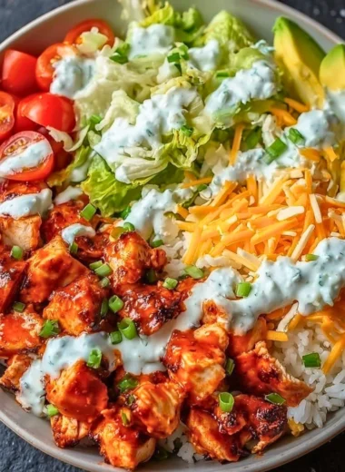 A vibrant bowl featuring Buffalo Chicken with fresh vegetables and rice.