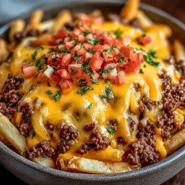 Cheeseburger French Fry Casserole with layers of fries, cheese, and beef
