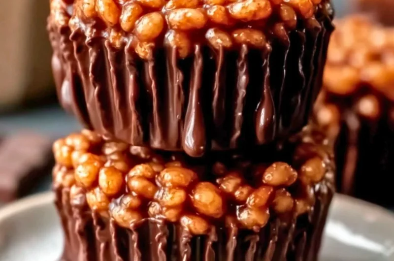 Delicious Chocolate Peanut Butter Rice Krispie Cups stacked on a plate