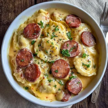 Classic Crockpot Pierogi Casserole with Kielbasa in a slow cooker