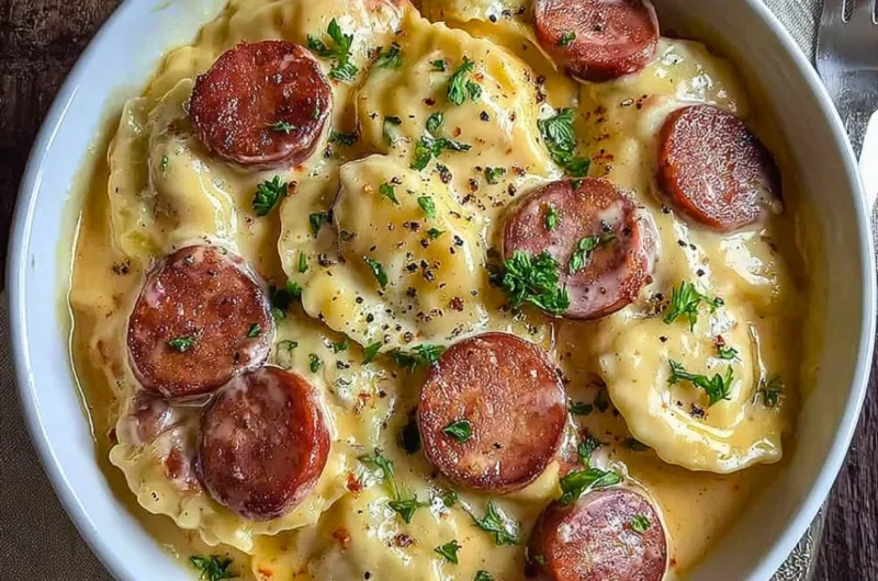 Classic Crockpot Pierogi Casserole with Kielbasa in a slow cooker