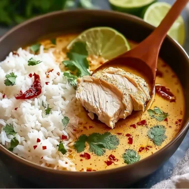 Delicious Coconut Chicken Brothy Rice served in a bowl with fresh herbs