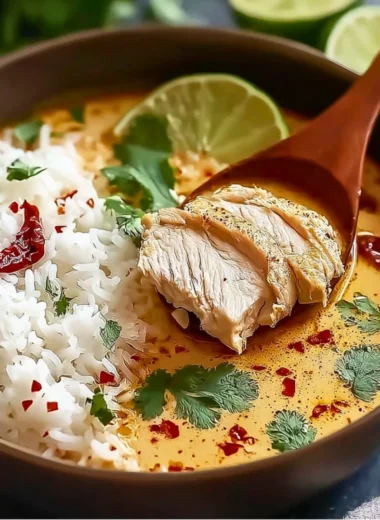 Delicious Coconut Chicken Brothy Rice served in a bowl with fresh herbs