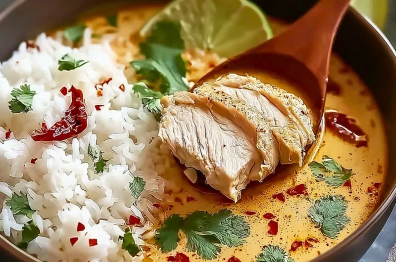 Delicious Coconut Chicken Brothy Rice served in a bowl with fresh herbs