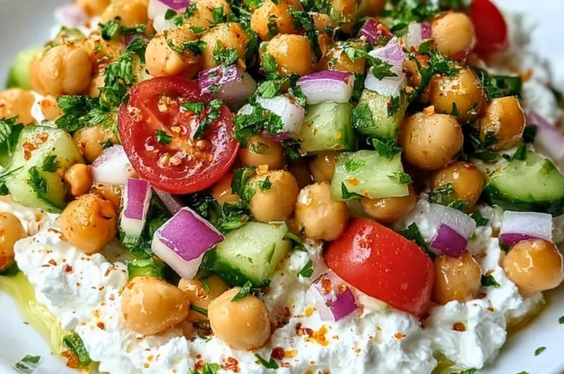 Cottage Cheese and Chickpeas Salad in a colorful bowl