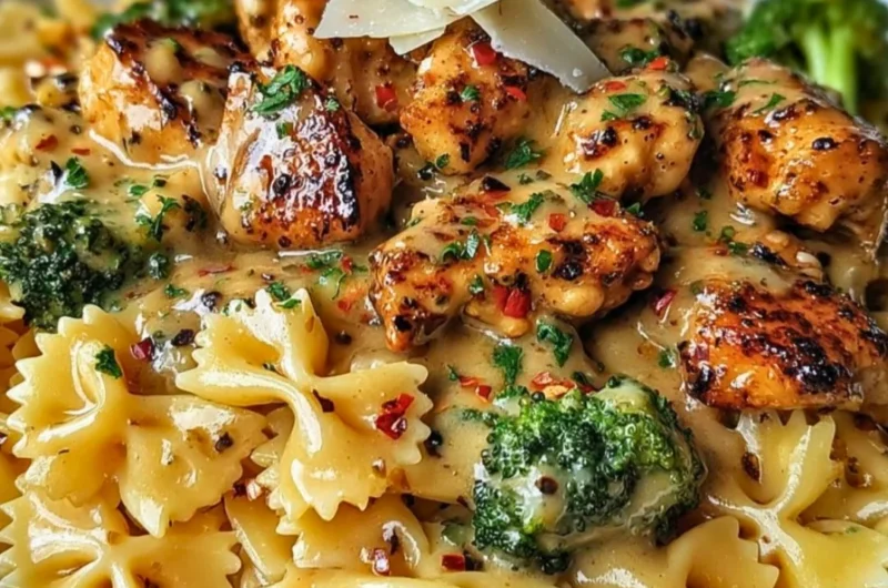 Cowboy Butter Lemon Bowtie Chicken served with broccoli