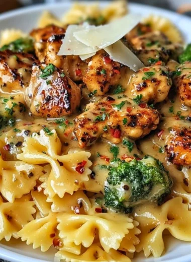 Cowboy Butter Lemon Bowtie Chicken served with broccoli on a plate