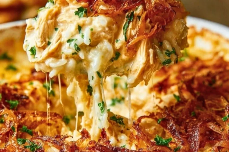 Creamy French Onion Chicken Rice served in a bowl with melted cheese and herbs.