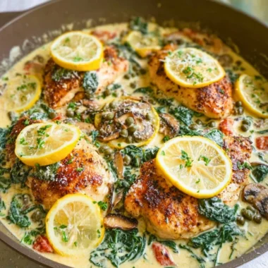 Creamy Mediterranean chicken skillet topped with fresh herbs and vegetables