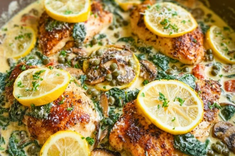 Creamy Mediterranean chicken skillet topped with fresh herbs and vegetables