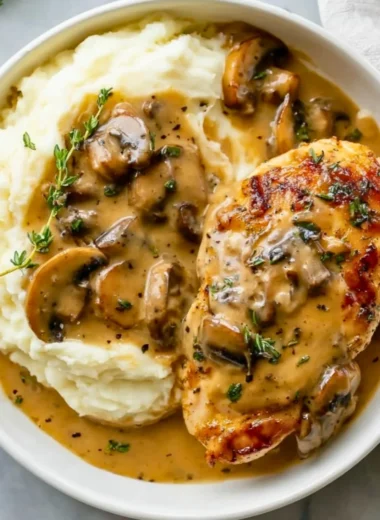 Creamy mushroom chicken dish served on a plate garnished with herbs.