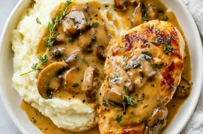 Creamy mushroom chicken dish served on a plate garnished with herbs.