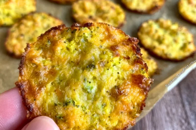 Crispy broccoli cheddar rounds arranged on a plate, perfect low carb snack.