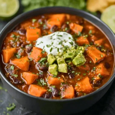 Bowl of Crock Pot Sweet Potato Black Bean Chili garnished with cilantro