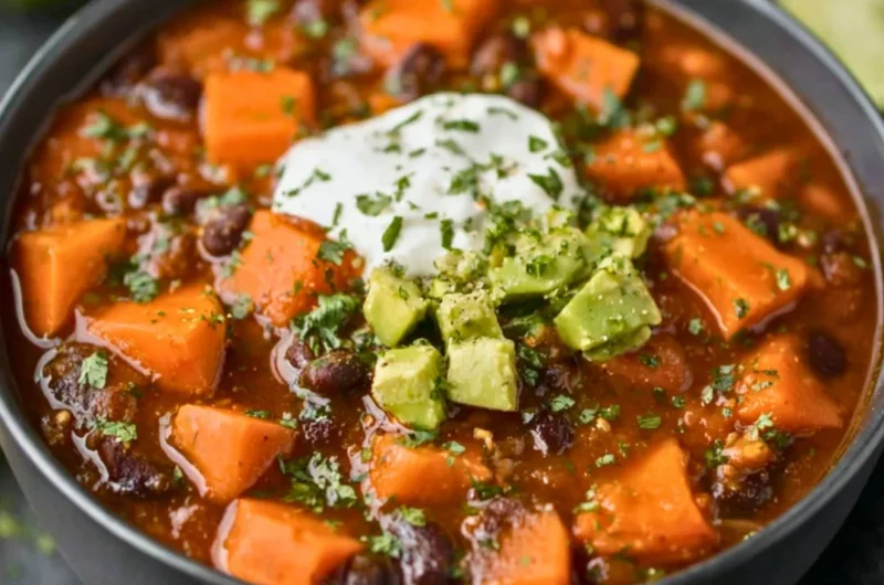 Bowl of Crock Pot Sweet Potato Black Bean Chili garnished with cilantro