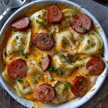 Delicious Crockpot Pierogi Casserole with Kielbasa served in a bowl