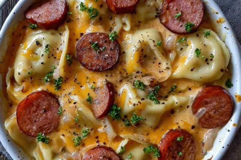 Delicious Crockpot Pierogi Casserole with Kielbasa served in a bowl