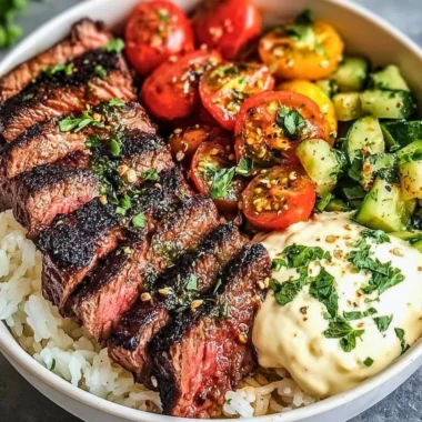 Mediterranean steak bowls with vibrant vegetables and grains in a healthy recipe
