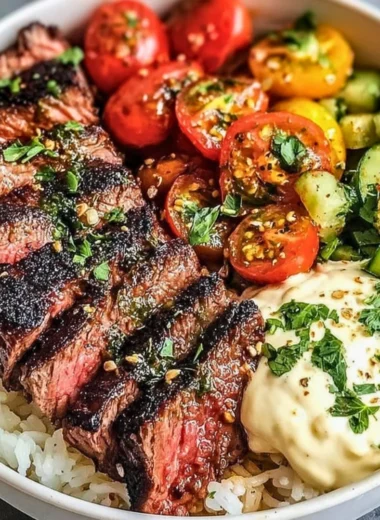 Mediterranean steak bowls with vibrant vegetables and grains in a healthy recipe