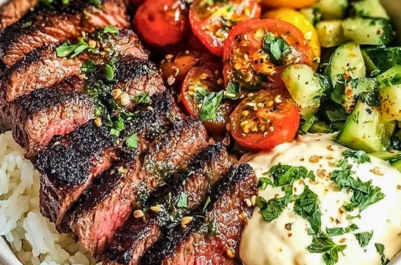 Mediterranean steak bowls with vibrant vegetables and grains in a healthy recipe