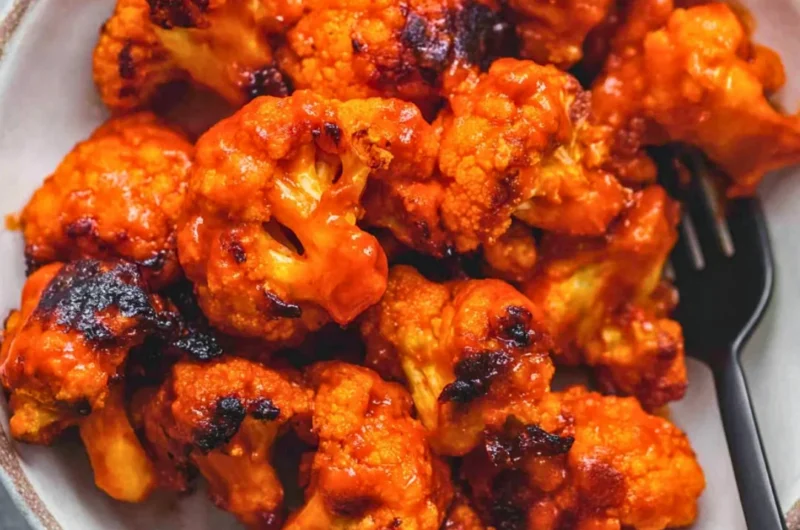 Plate of easy Buffalo Cauliflower bites garnished with celery and ranch dip