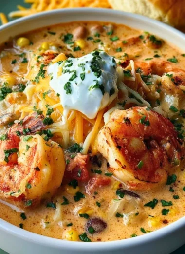 Bowl of easy creamy seafood and shrimp chili garnished with herbs