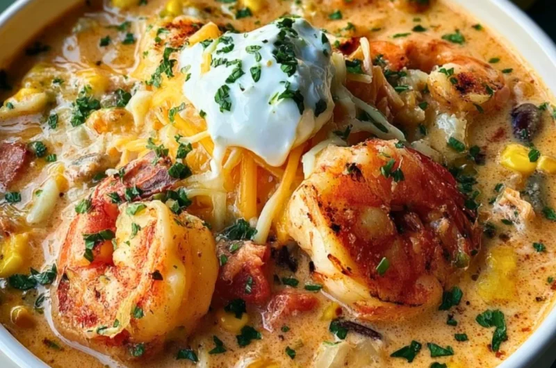 Bowl of easy creamy seafood and shrimp chili garnished with herbs