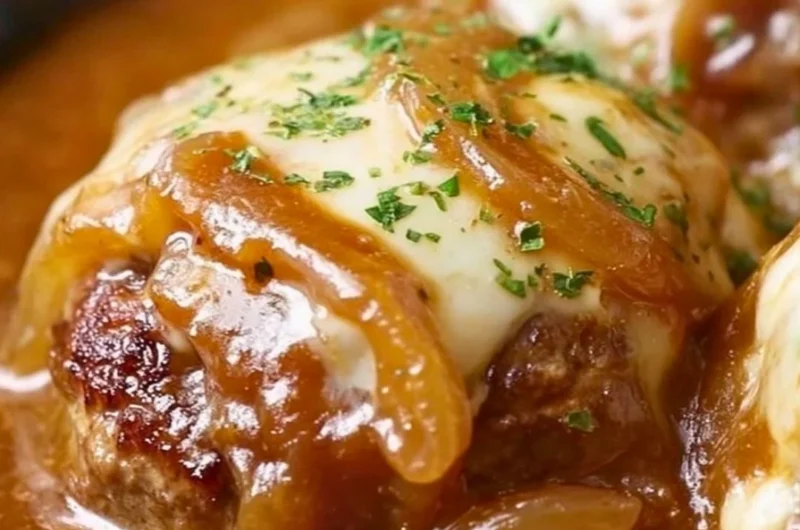 Delicious French Onion Salisbury Steak with caramelized onions and gravy