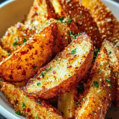 Golden brown Garlic Parmesan Potato Wedges served in a bowl