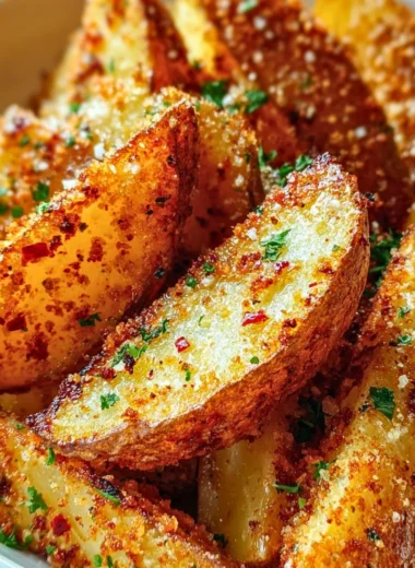 Golden brown Garlic Parmesan Potato Wedges served in a bowl