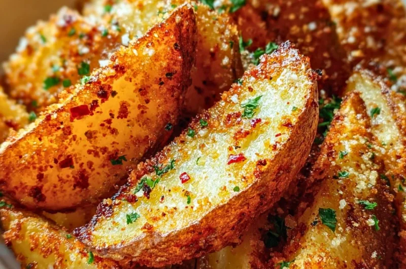 Golden brown Garlic Parmesan Potato Wedges served in a bowl