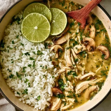 Bowl of Ginger Lime Chicken and Mushroom Soup with Cilantro Rice