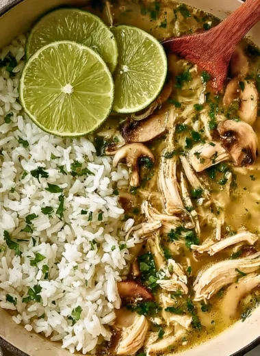 Bowl of Ginger Lime Chicken and Mushroom Soup with Cilantro Rice