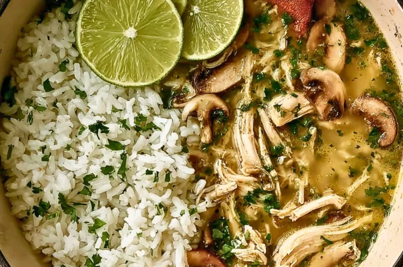 Bowl of Ginger Lime Chicken and Mushroom Soup with Cilantro Rice
