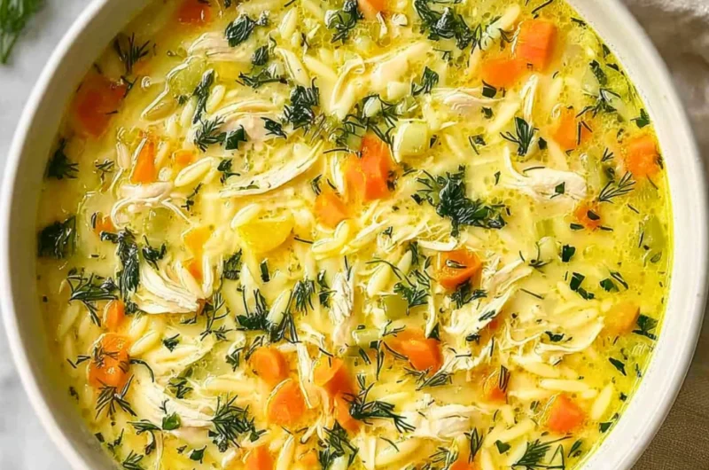 Bowl of Greek Lemon Chicken Soup garnished with fresh herbs and lemon slices.