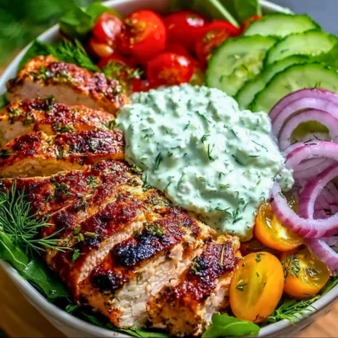 Delicious Grilled Chicken Tzatziki Power Bowl with fresh ingredients