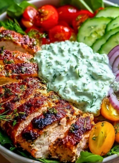Delicious Grilled Chicken Tzatziki Power Bowl with fresh ingredients