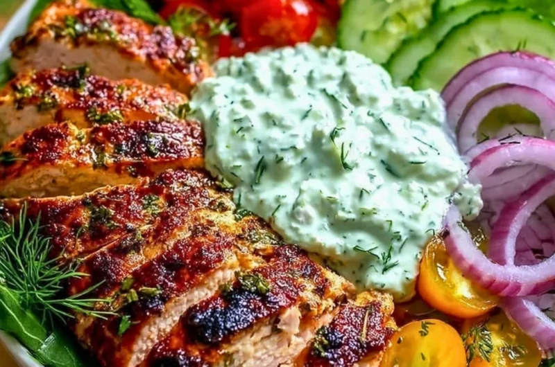 Delicious Grilled Chicken Tzatziki Power Bowl with fresh ingredients