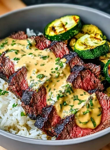 Grilled steak bowl with sauce and sliced grilled zucchini served in a bowl