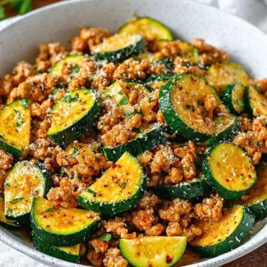 Delicious Ground Turkey Zucchini Skillet served in a pan with fresh herbs