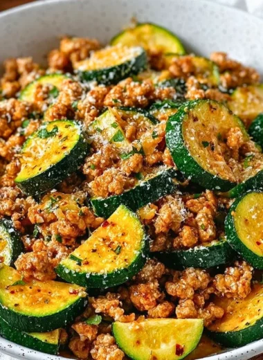 Delicious Ground Turkey Zucchini Skillet served in a pan with fresh herbs