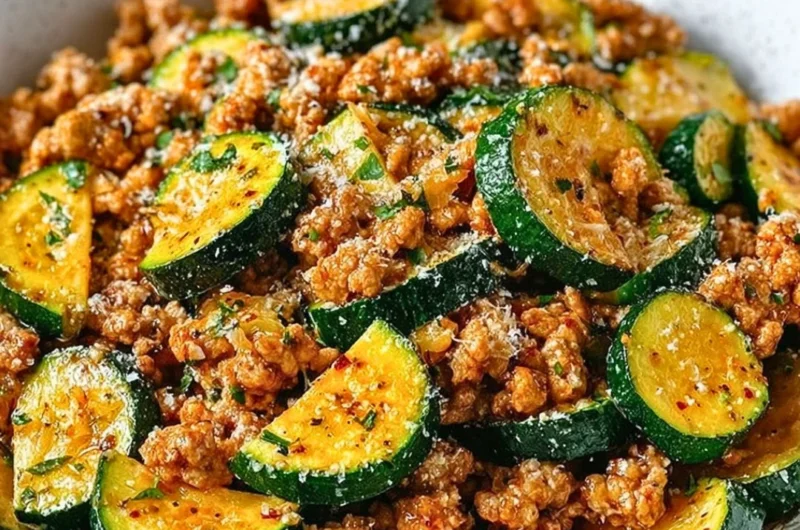 Delicious Ground Turkey Zucchini Skillet served in a pan with fresh herbs