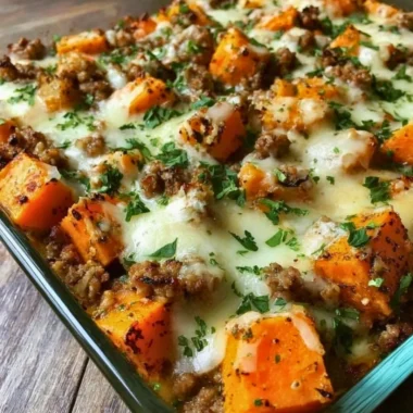Baked ground turkey and sweet potato casserole in a dish.