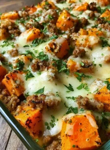 Baked ground turkey and sweet potato casserole in a dish.