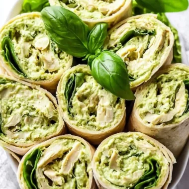 Healthy pesto chicken salad with fresh ingredients and vibrant colors